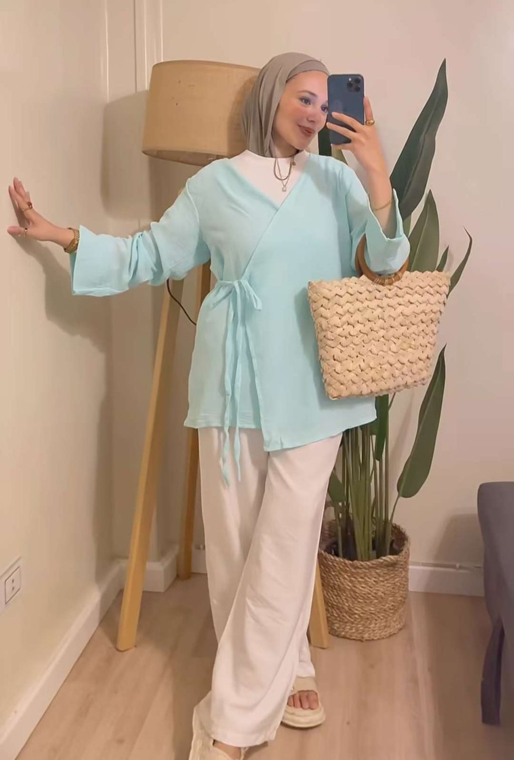 Aqua Linen Blouse With Tie