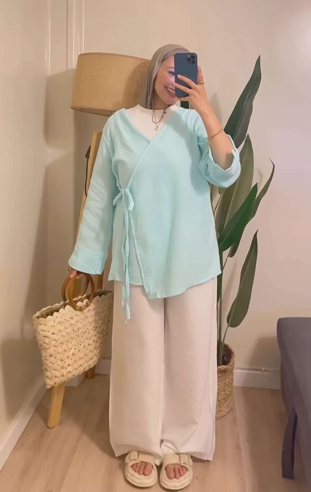 Aqua Linen Blouse With Tie