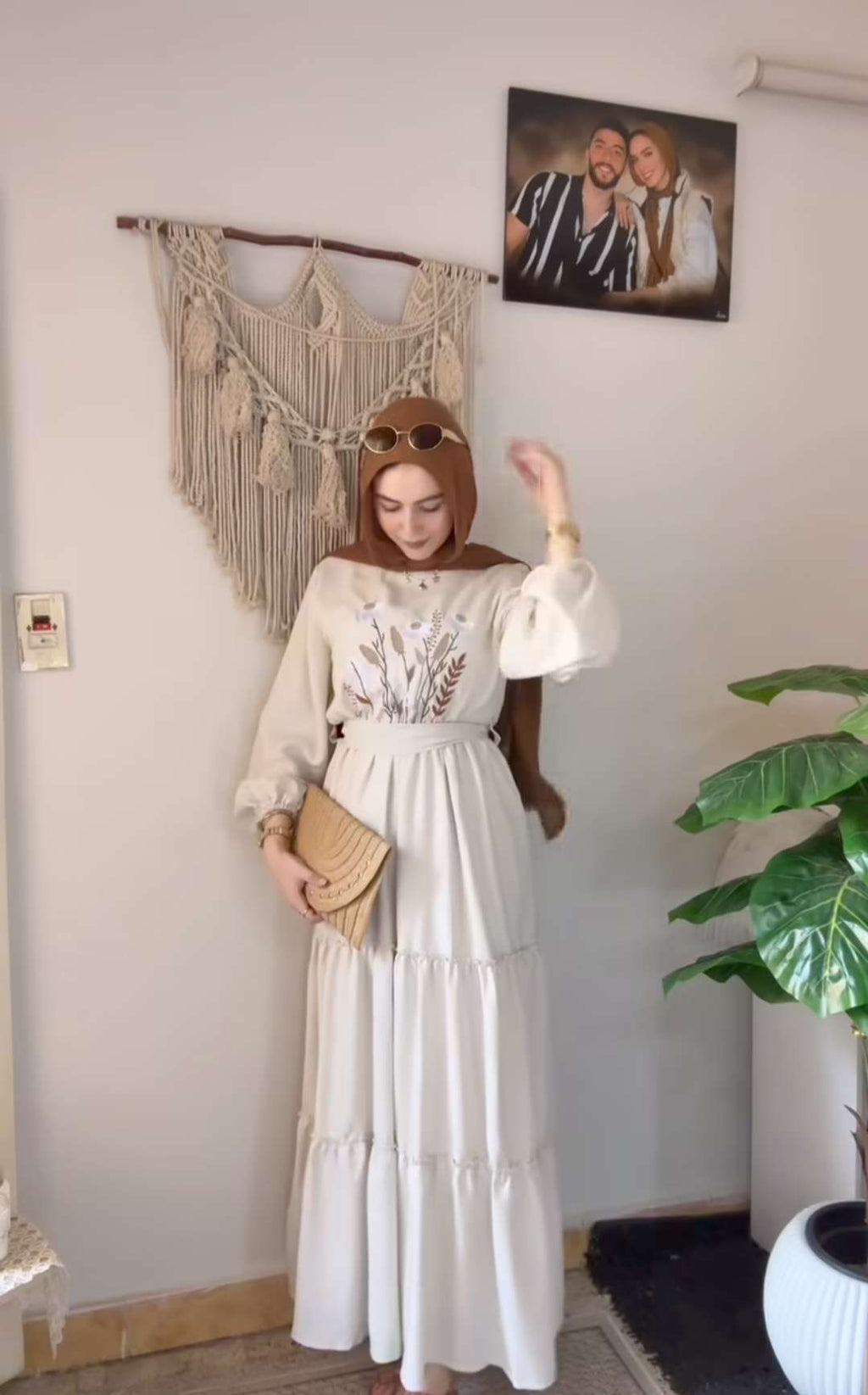 Beige Embroidered Linen Dress