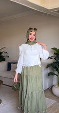 تنورة كتان مطرزة زيتية
