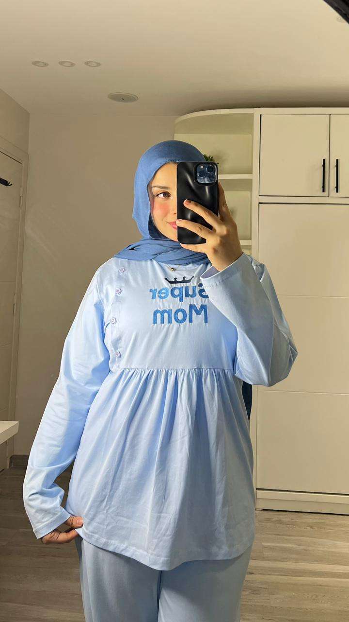 بيجامة سوبر ماما باللون الأزرق الفاتح