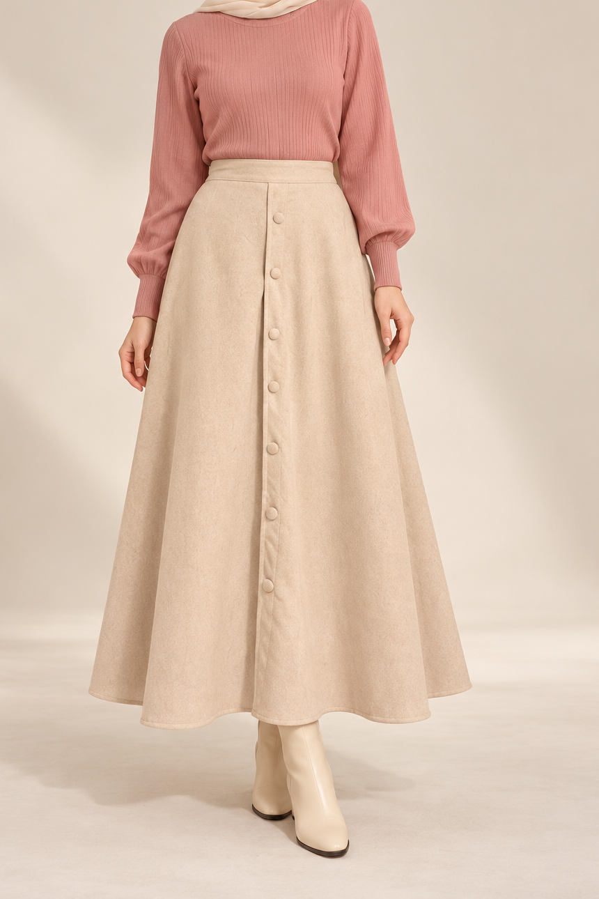 Beige Suede skirt with Buttons.