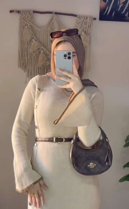 Beige Knitted Buttons Dress.