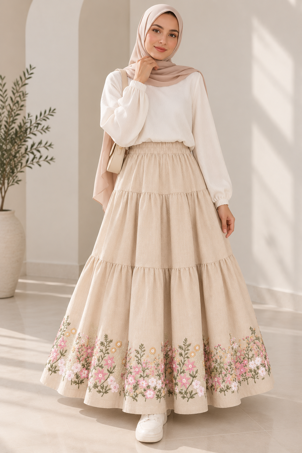 Beige Embroidered linen Skirt