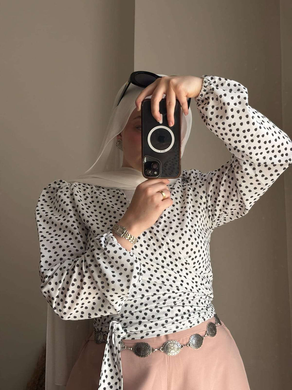 White Croise Blouse With Dots.
