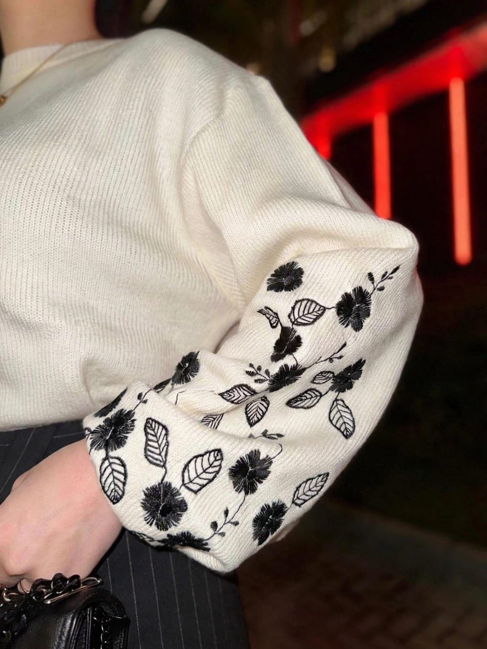 Embroidered Sleeve Pullover in White.
