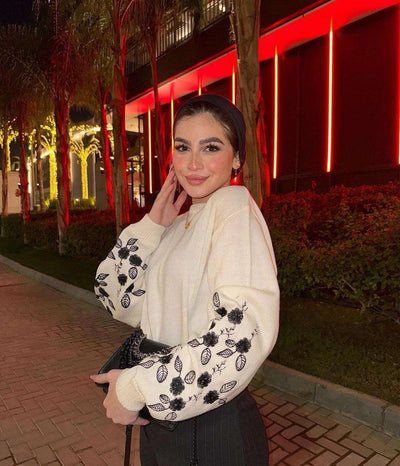 Embroidered Sleeve Pullover in White.