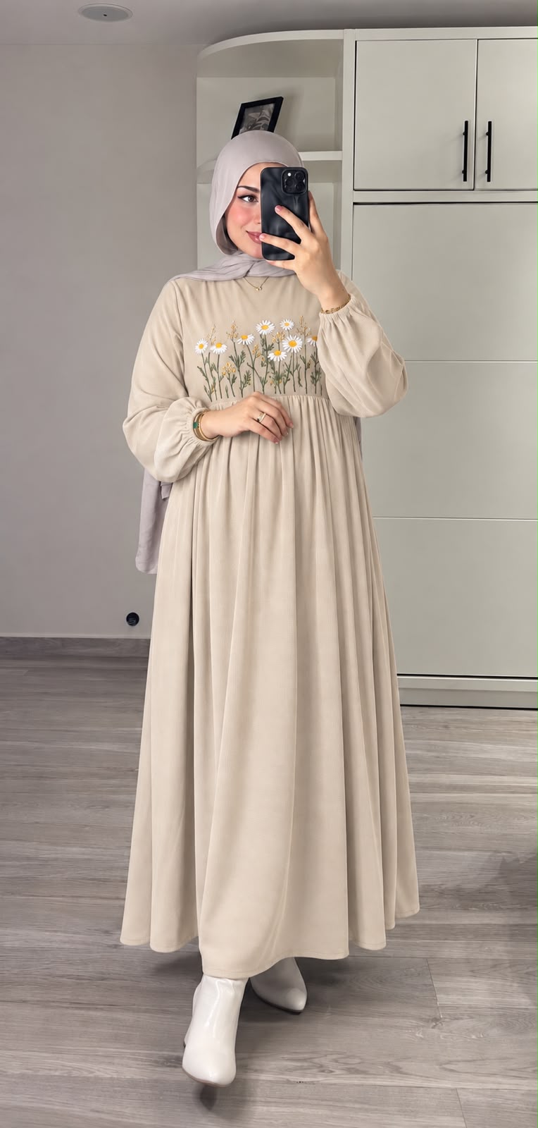 Beige Embroidered Floral Dress