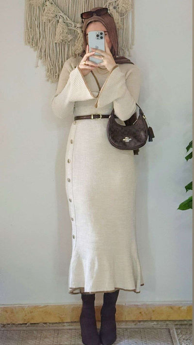 Beige Knitted Buttons Dress.