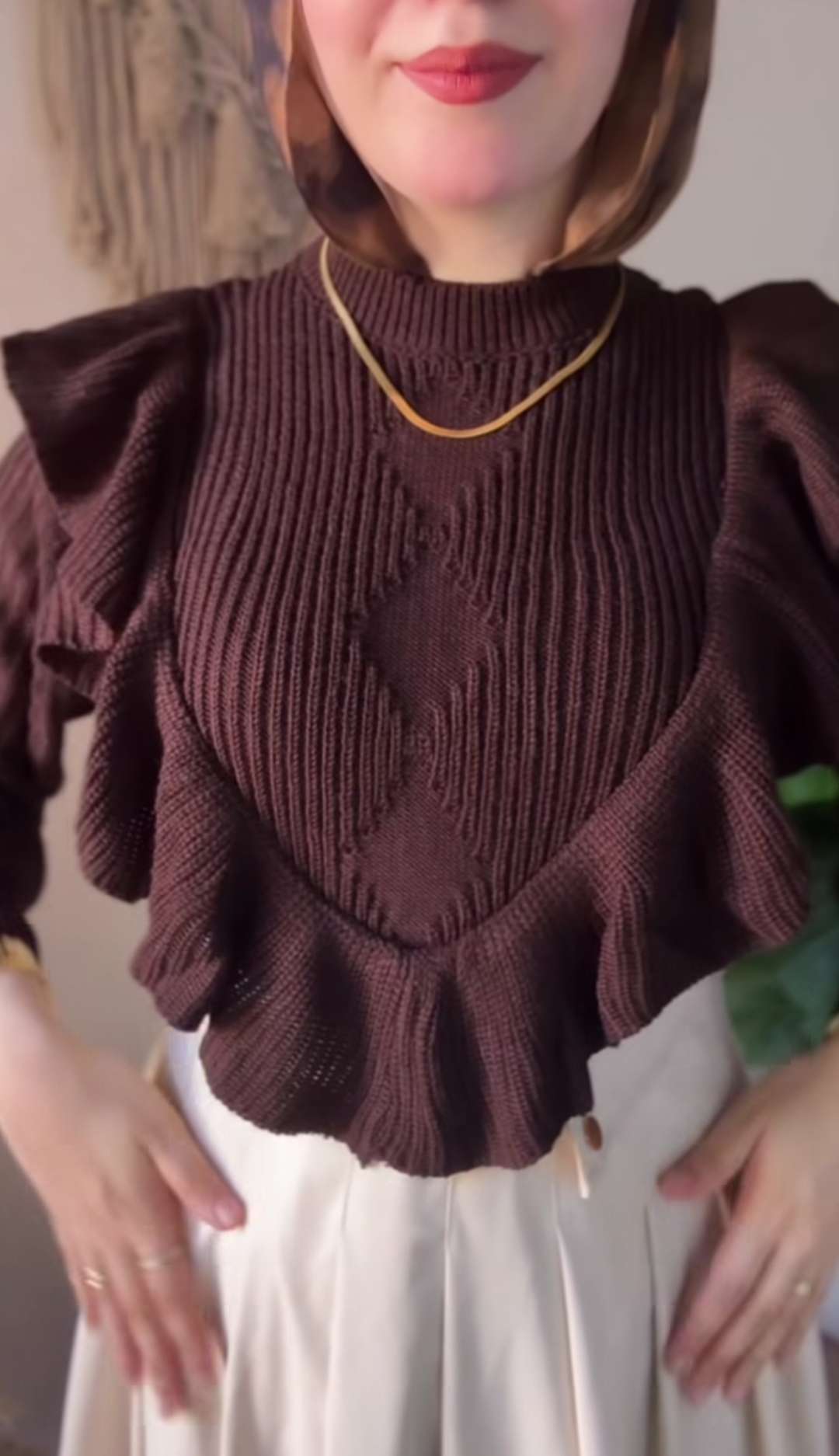 Brown Ruffled V Pullover.