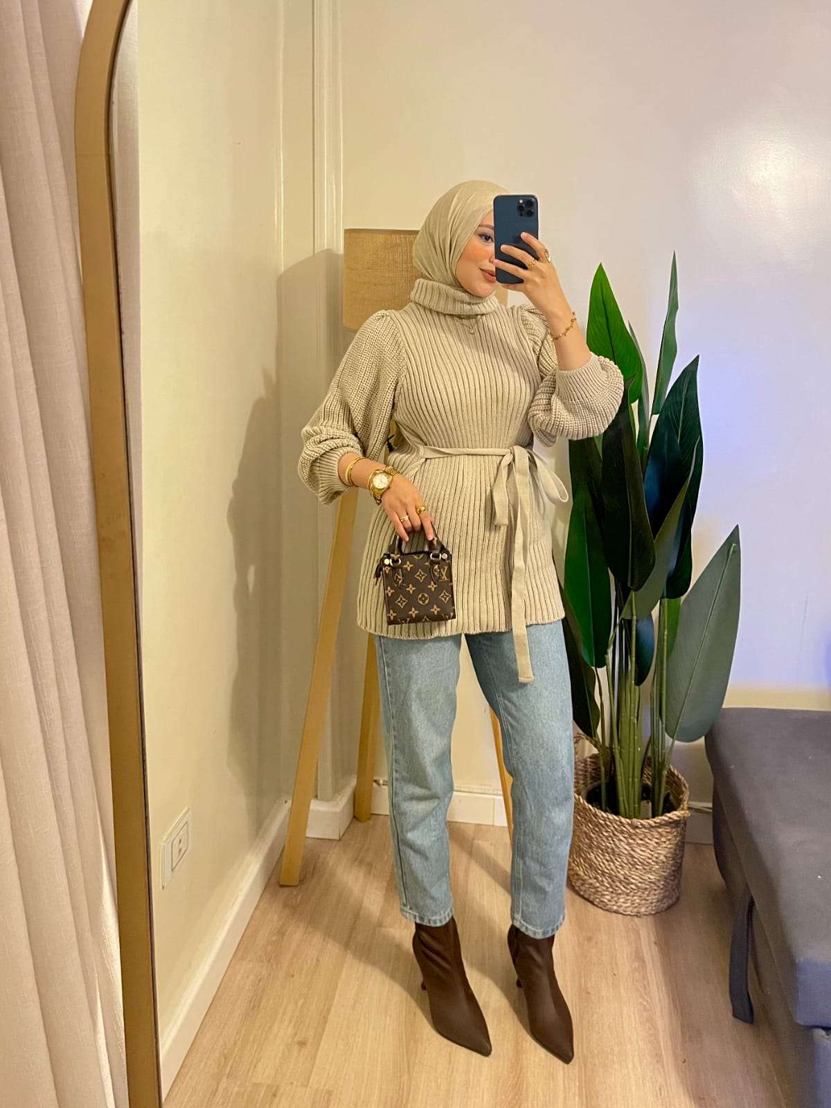 Beige High Cool pullover with Belt.