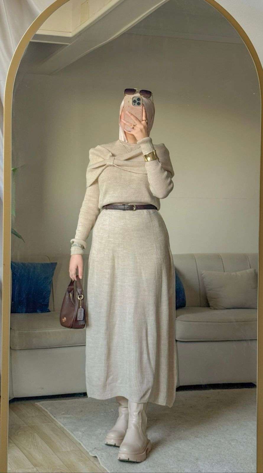 Beige Knitted Bow Dress.