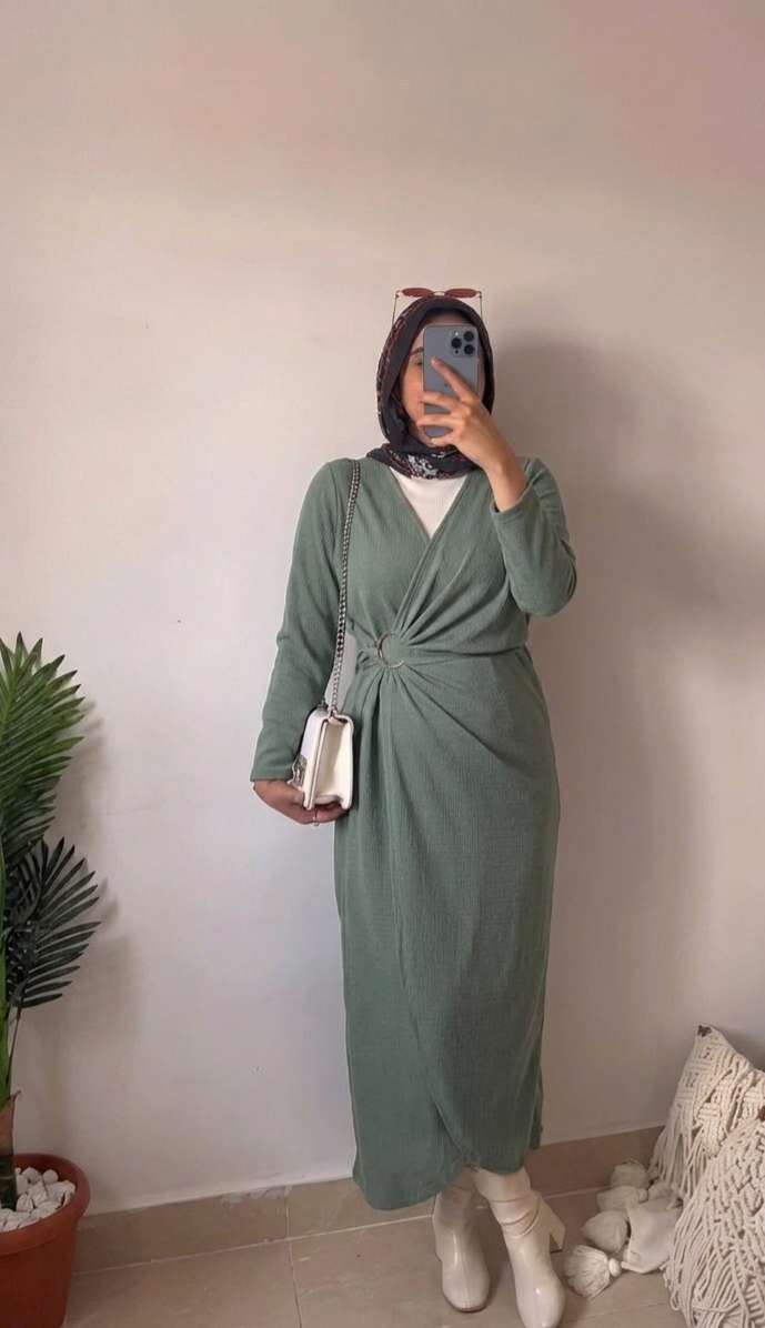 Mint Green Rib-Knit Dress With a Metal Ring