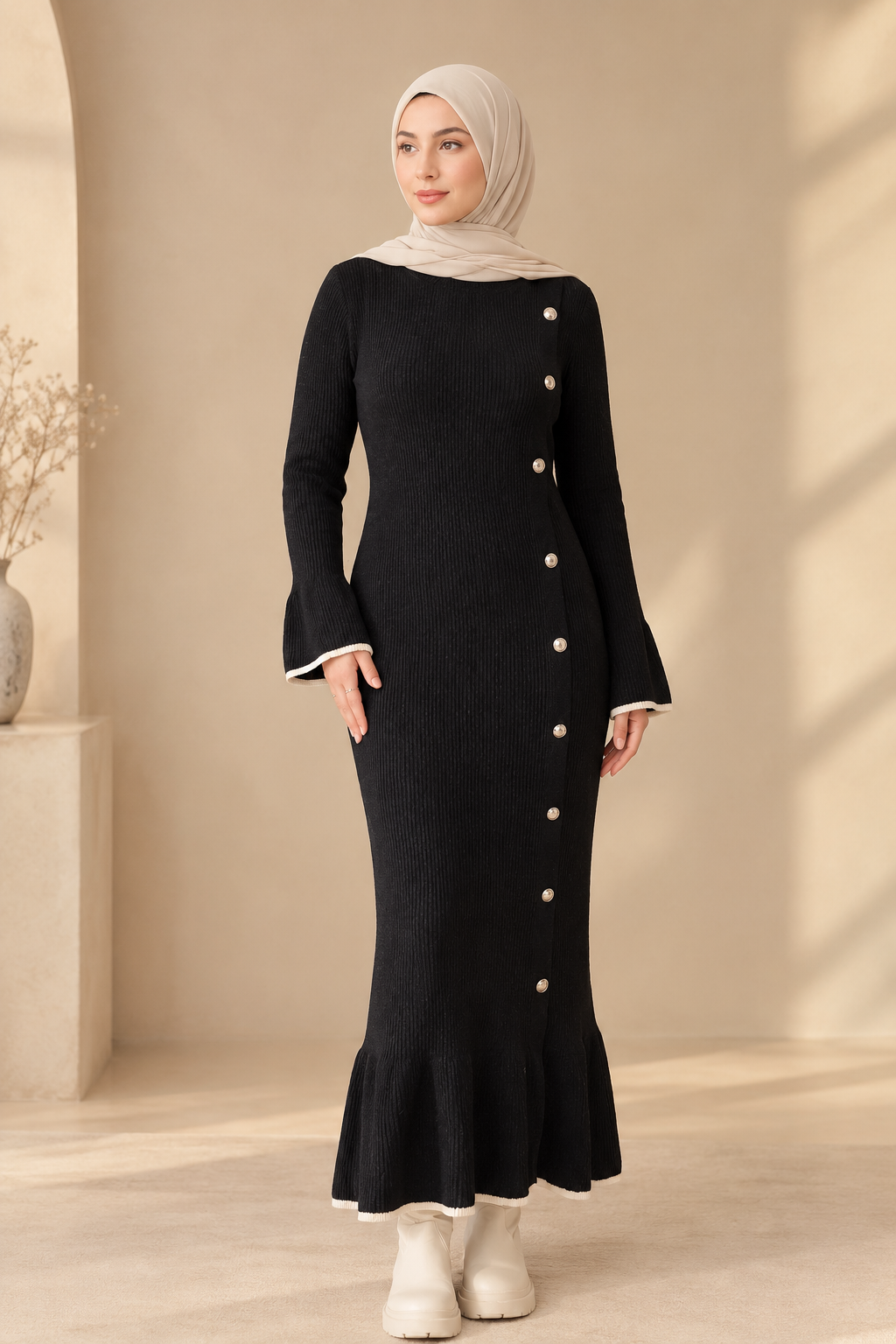 Black Knitted Buttons Dress.