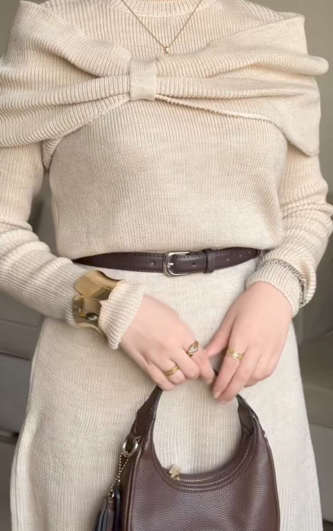 Beige Knitted Bow Dress.