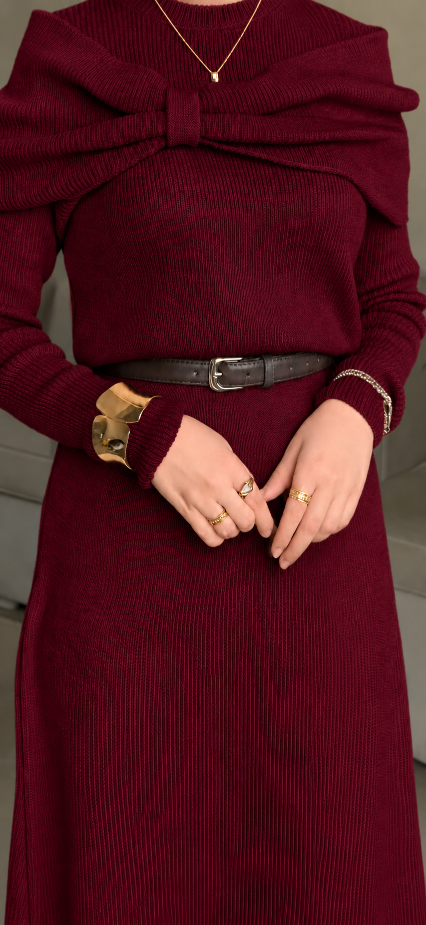 Burgundy Knitted Bow Dress.