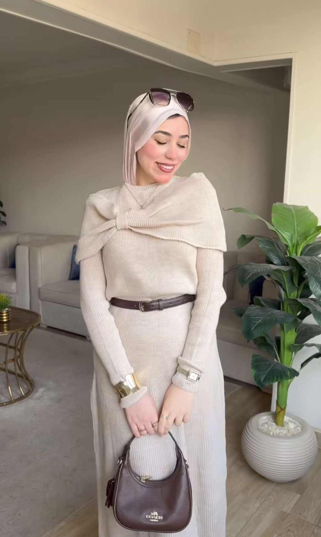 Beige Knitted Bow Dress.