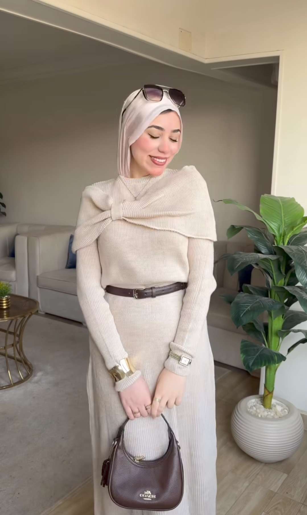 Beige Knitted Bow Dress.