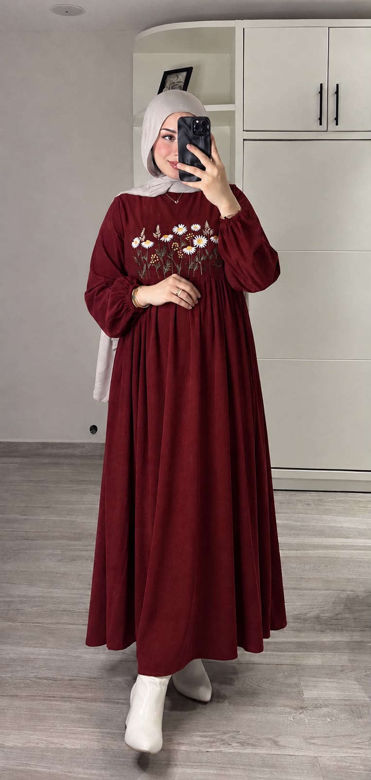 Burgundy Embroidered Floral Dress