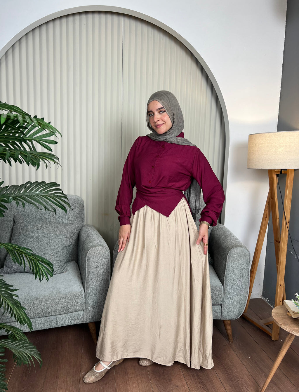 Beige Flared linen skirt