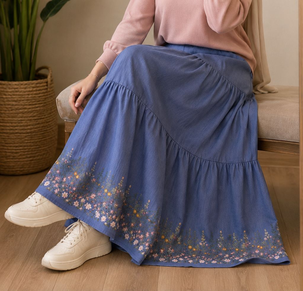 Petroleum Embroidered linen skirt