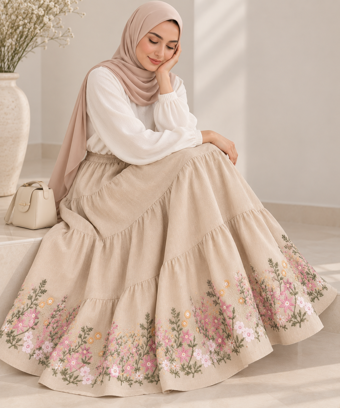 Beige Embroidered linen Skirt