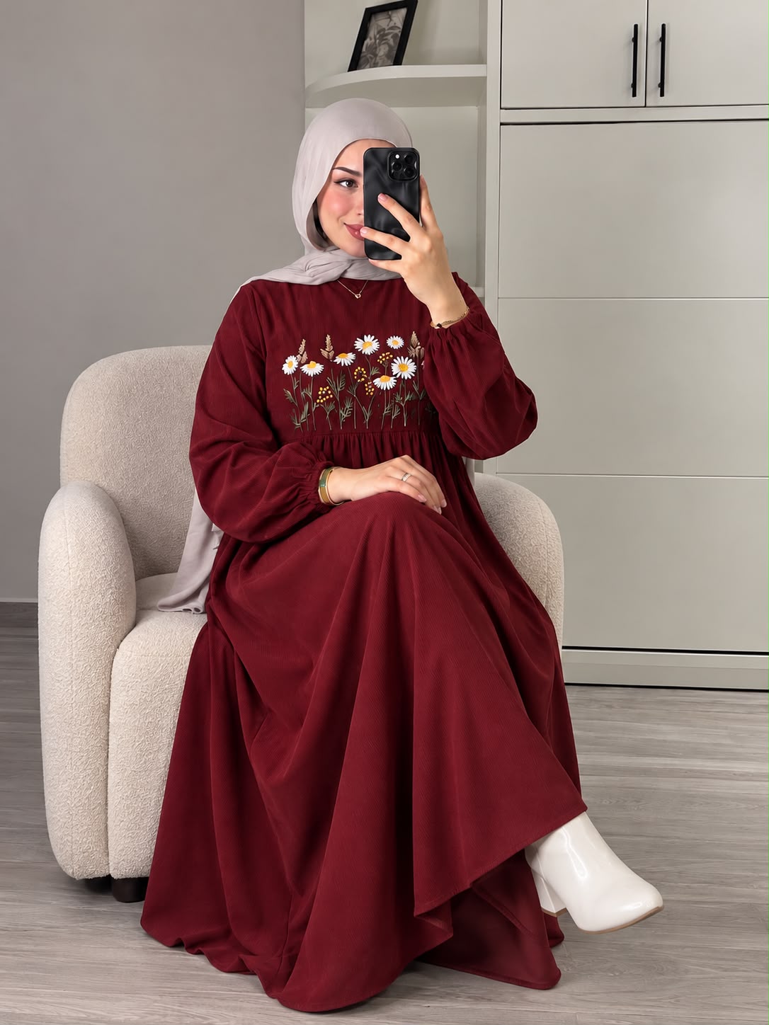 Burgundy Embroidered Floral Dress