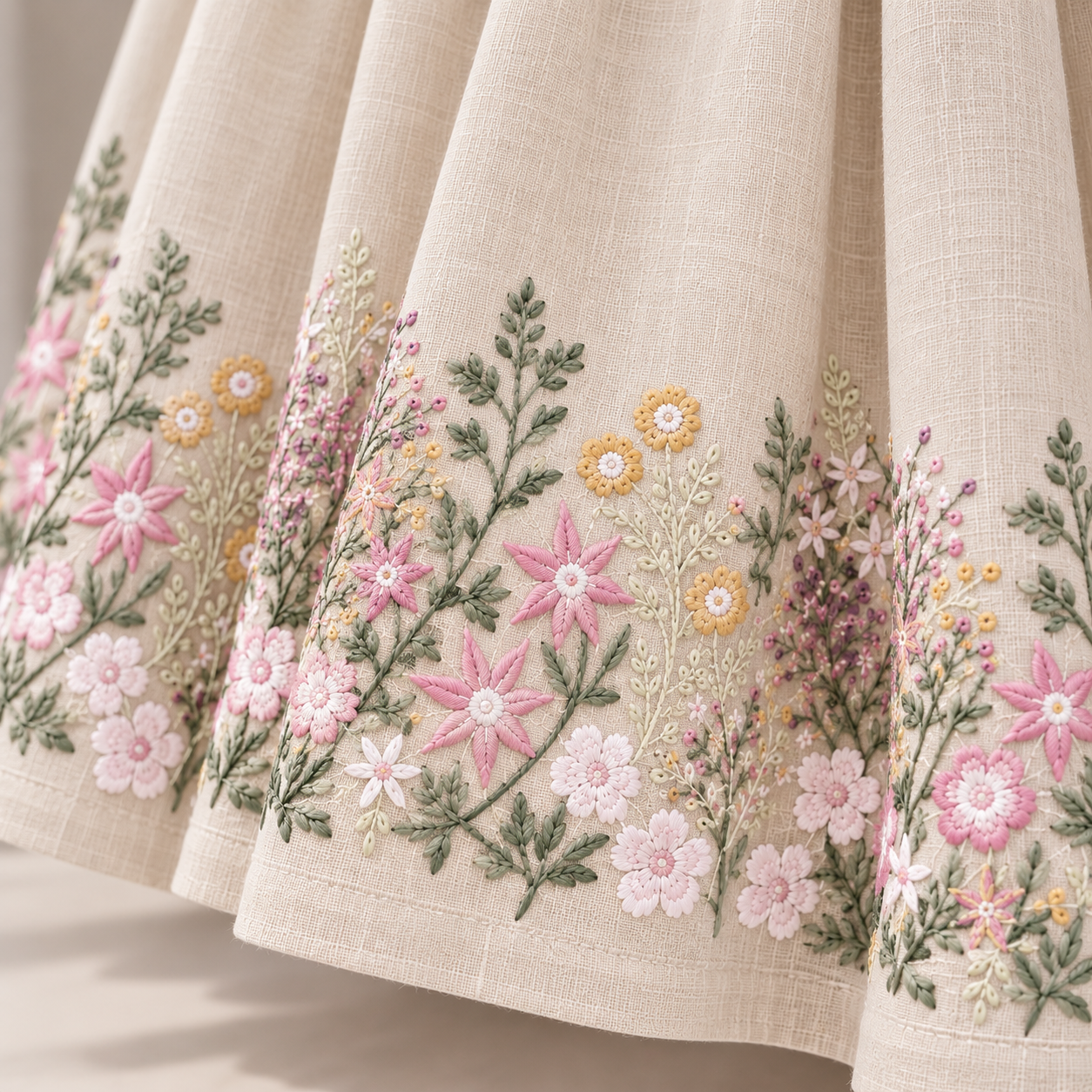 Beige Embroidered linen Skirt
