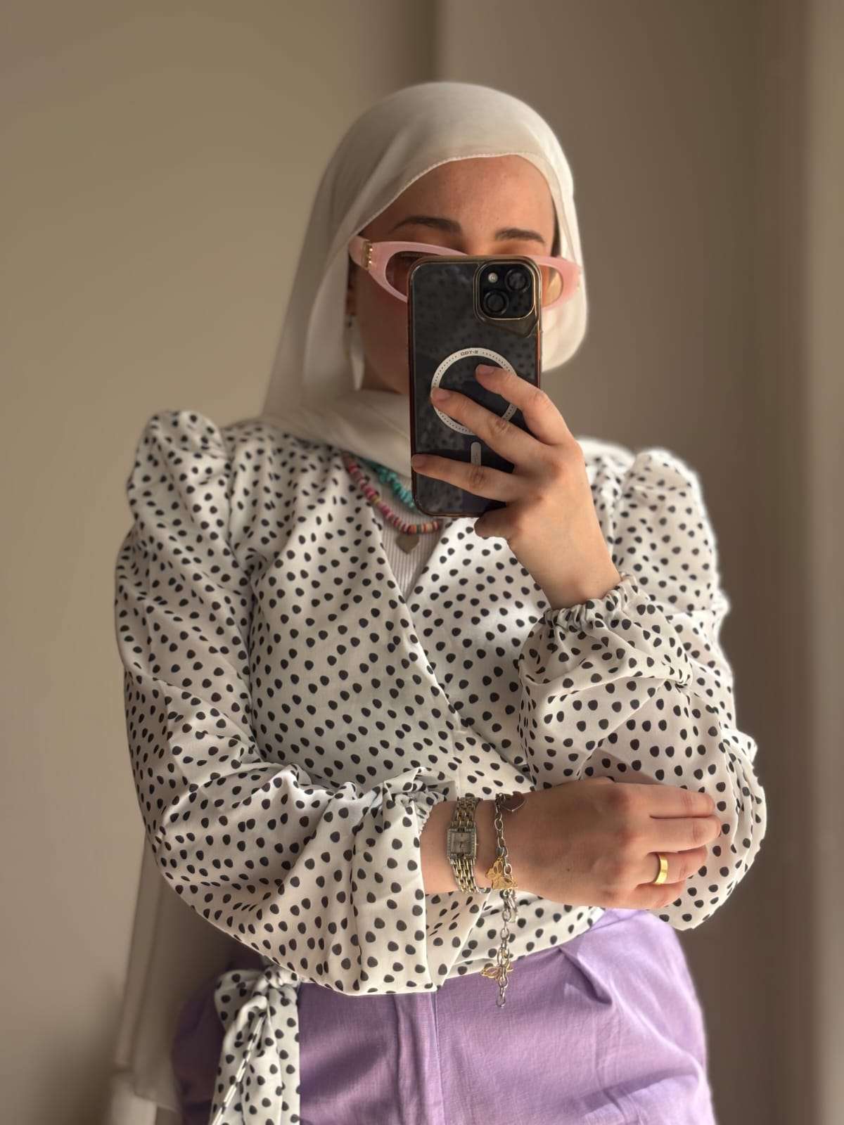 White Croise Blouse With Dots.