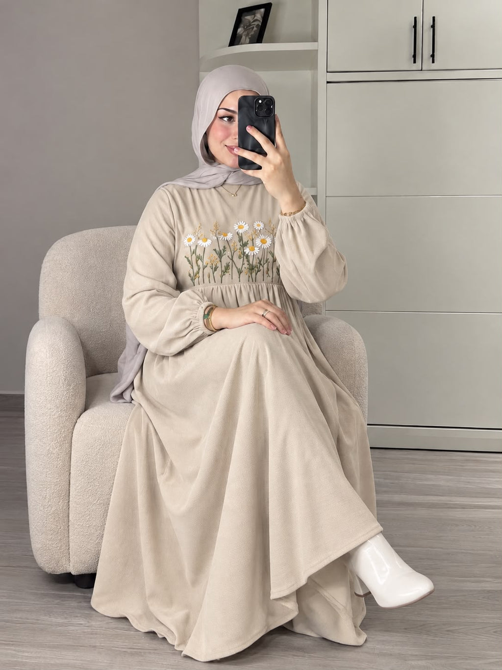 Beige Embroidered Floral Dress