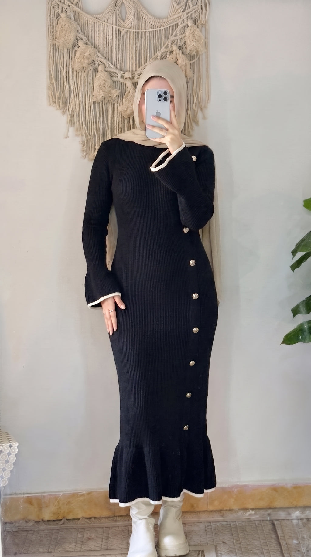 Black Knitted Buttons Dress.