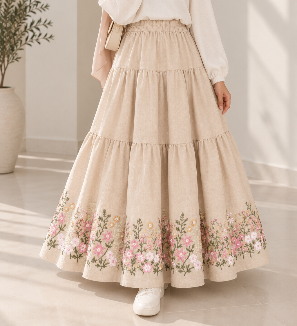 Beige Embroidered linen Skirt